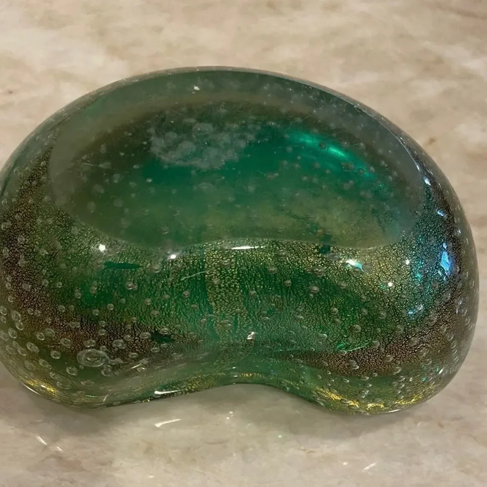 Vintage Murano glass candy dish Green with gold beautiful  bean shaped